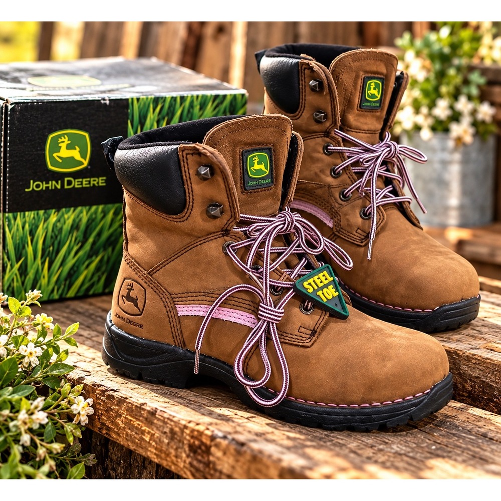 John Deere Women Brown Leather Steel Toe Crazy Hiker Work Boots JD3612 8.5 W